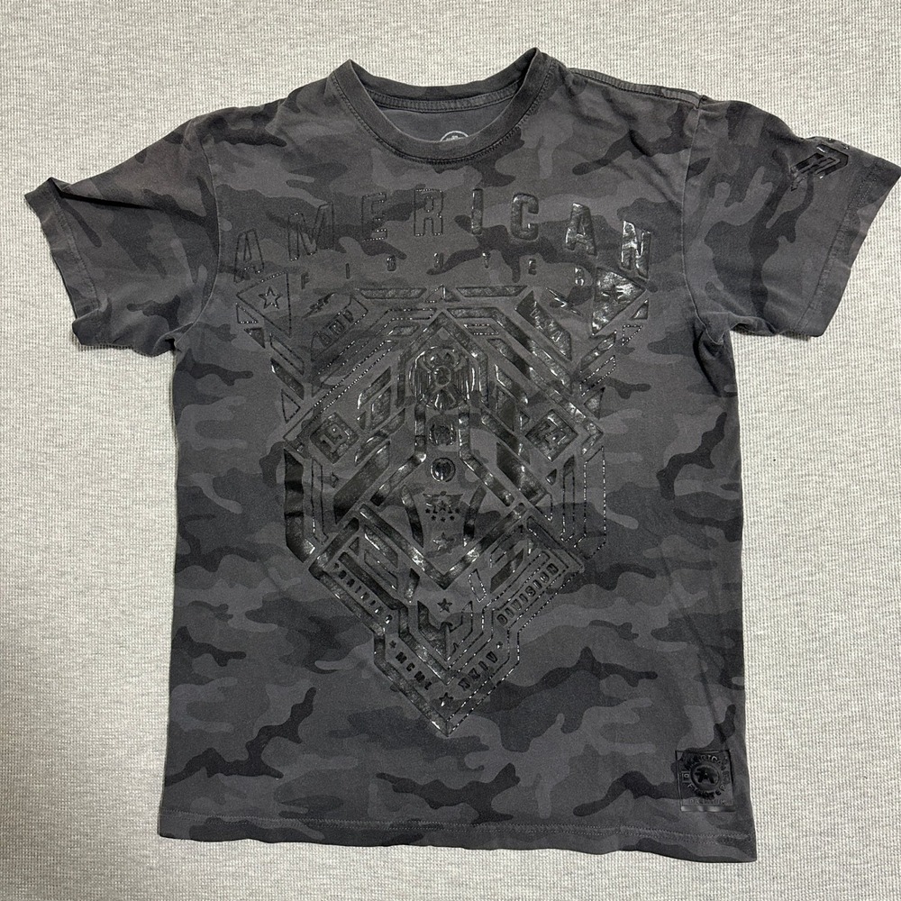 American Fighter Camo Graphic T-Shirt Gray Black MMA Tactical Mens Size Medium